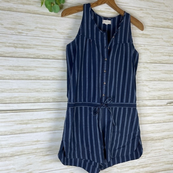 Sandy and Sid Blue Pinstriped Cotton Faux Drawstring button down Romper - Picture 2 of 6